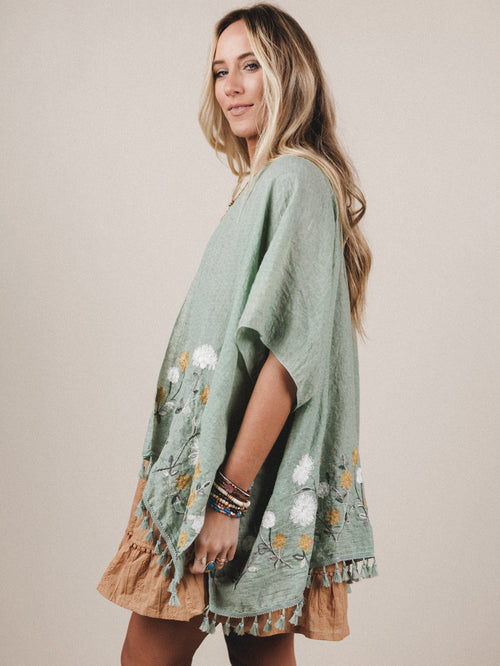 Secret Meadow Embroidered Kimono - Sage