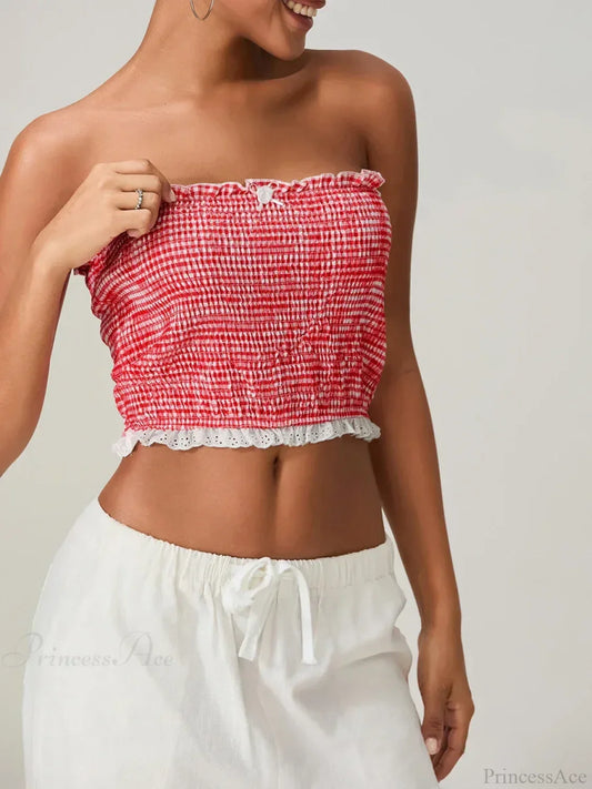 Bow Lace Smocked Strapless Backless Crop Bandeau Top