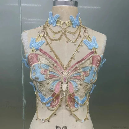 Butterfly Embroidered Crystal Chain Backless Crop Top