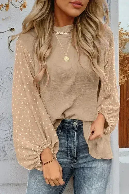 Gossamer Pink Swiss Dot Balloon Sleeve Loose Blouse | Femstylo