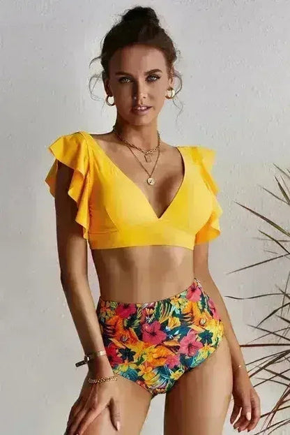Floral Ruffled Bikini Set - High Waist Tropical Print | Femstylo