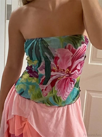 Flower Print Strapless Backless Tube Crop Top