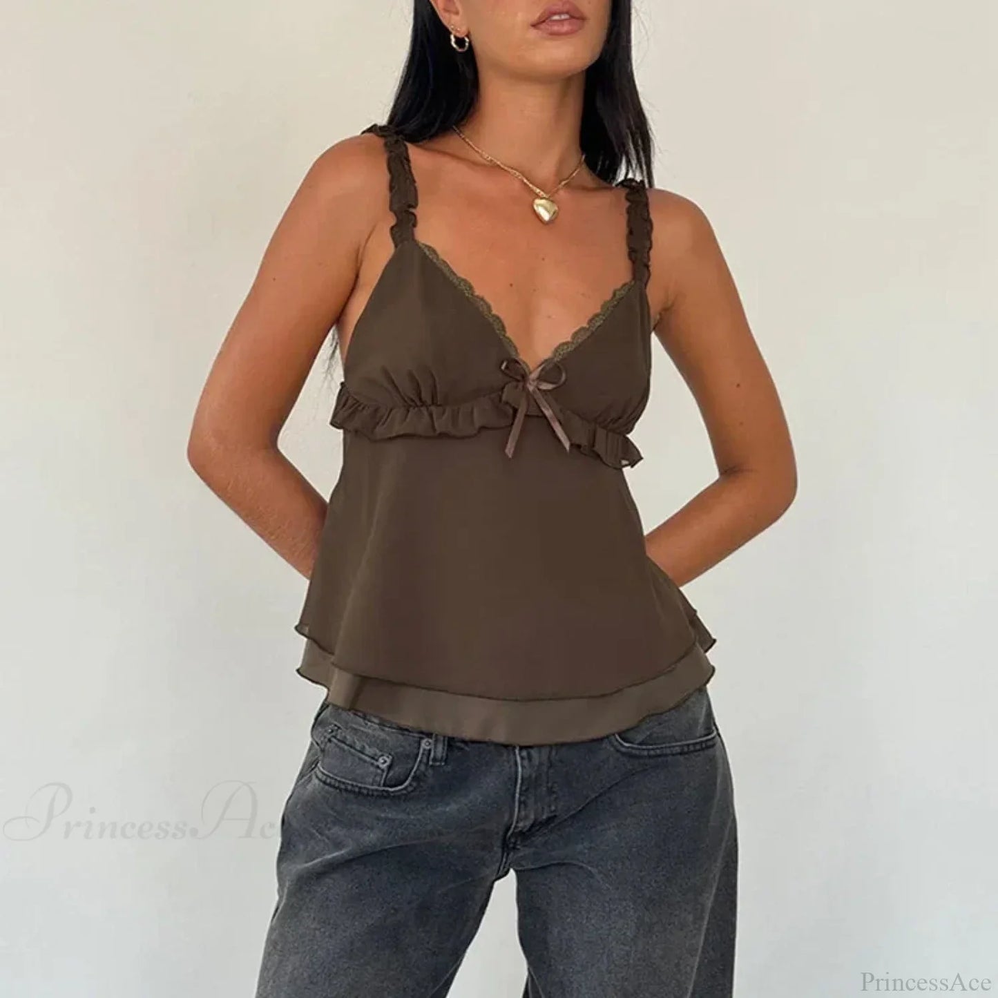 Frill Spaghetti Strap Chiffon Ruffled Crop Top