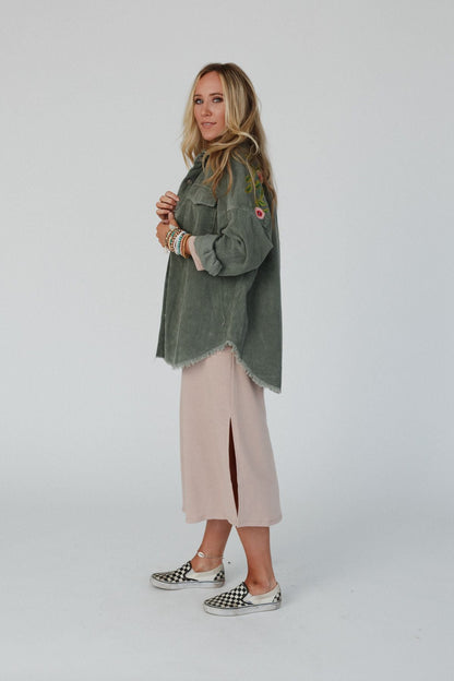 Gardener Embroidered Button Down Top - Olive