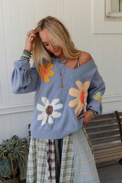 Good Mood Flower Print Sweater - Blue