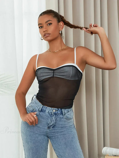 Mesh Ruched Color Patch Spaghetti Strap Crop Top