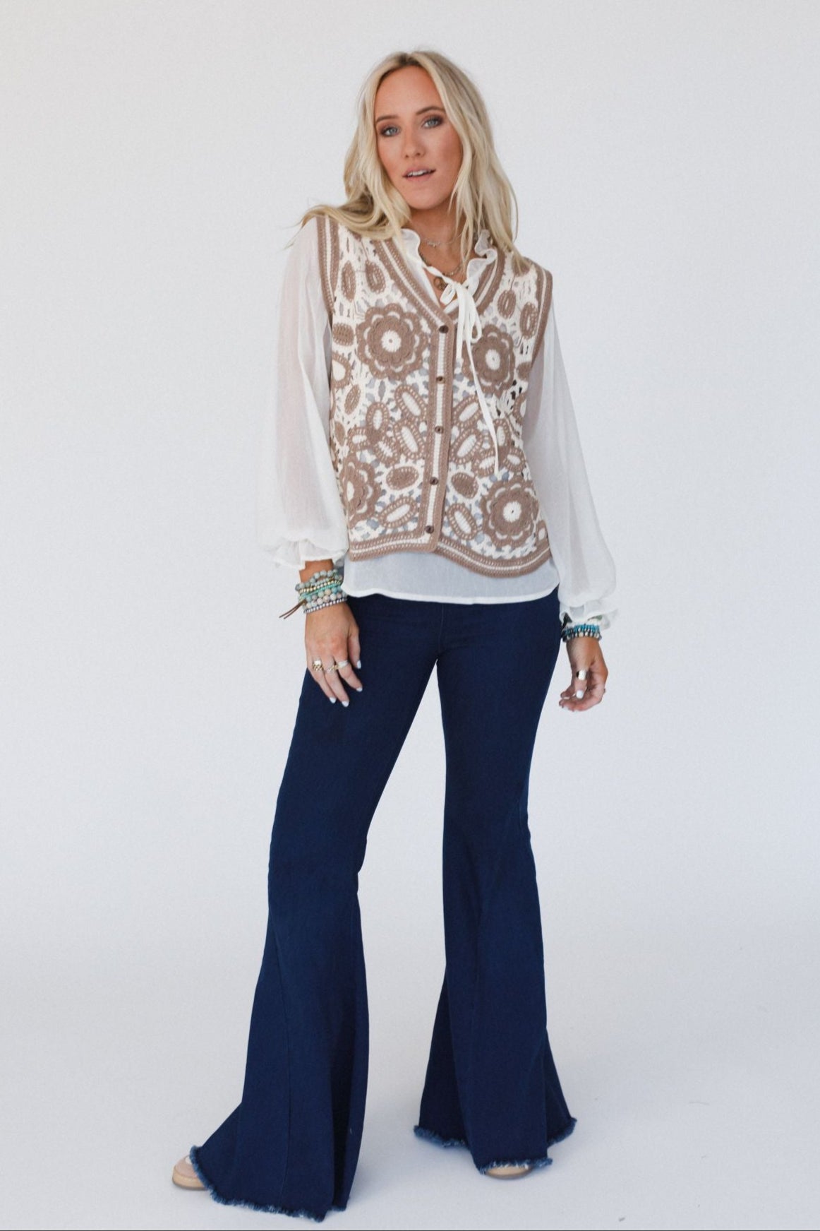 Tandie Crochet Vest And Blouse Set - Ivory