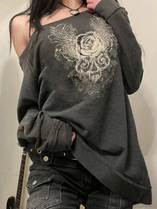 Printed Off-Shoulder Sweatshirt Vintage Loose Long Sleeve Pullover Sweater
