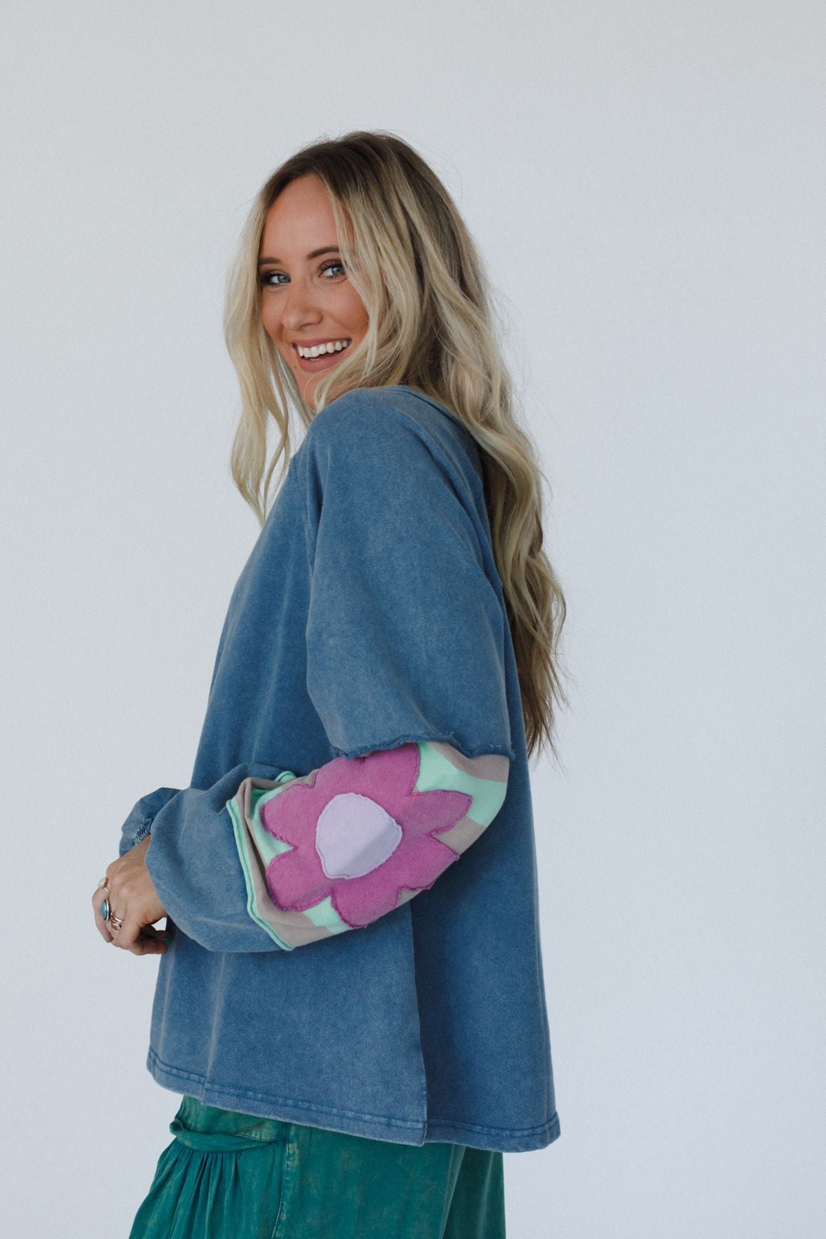 Petal Patch Pullover Top - Blue