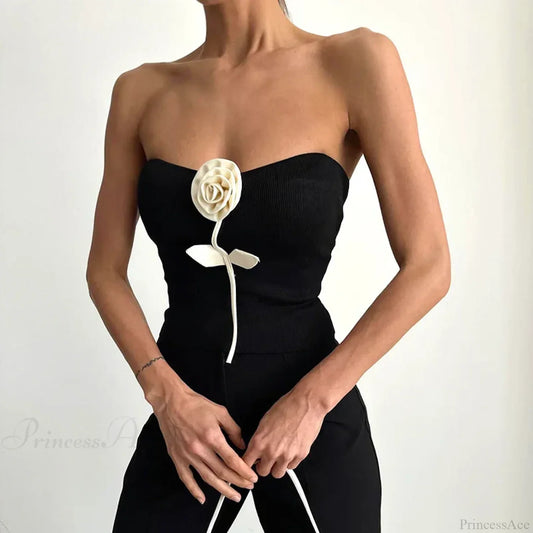 Solid Elegant Sleeveless Strapless Casual Flower Tube Crop Top