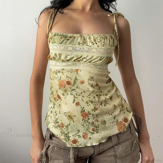 Y2K Floral Print Contrast Lace Patchwork Lace-up Coquette Grunge Crop Top